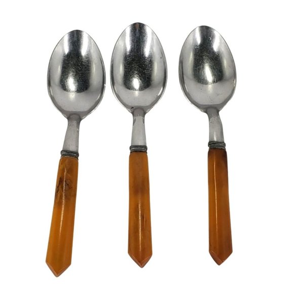 Sta-Brite Bakelite & Stainless Steel Flatware Butterscotch 10 pieces Vintage - Picture 4 of 7